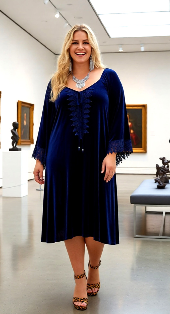 Vintage Love Delirious Navy Blue Plus Size Loose dress with Lace Front Tie 3X